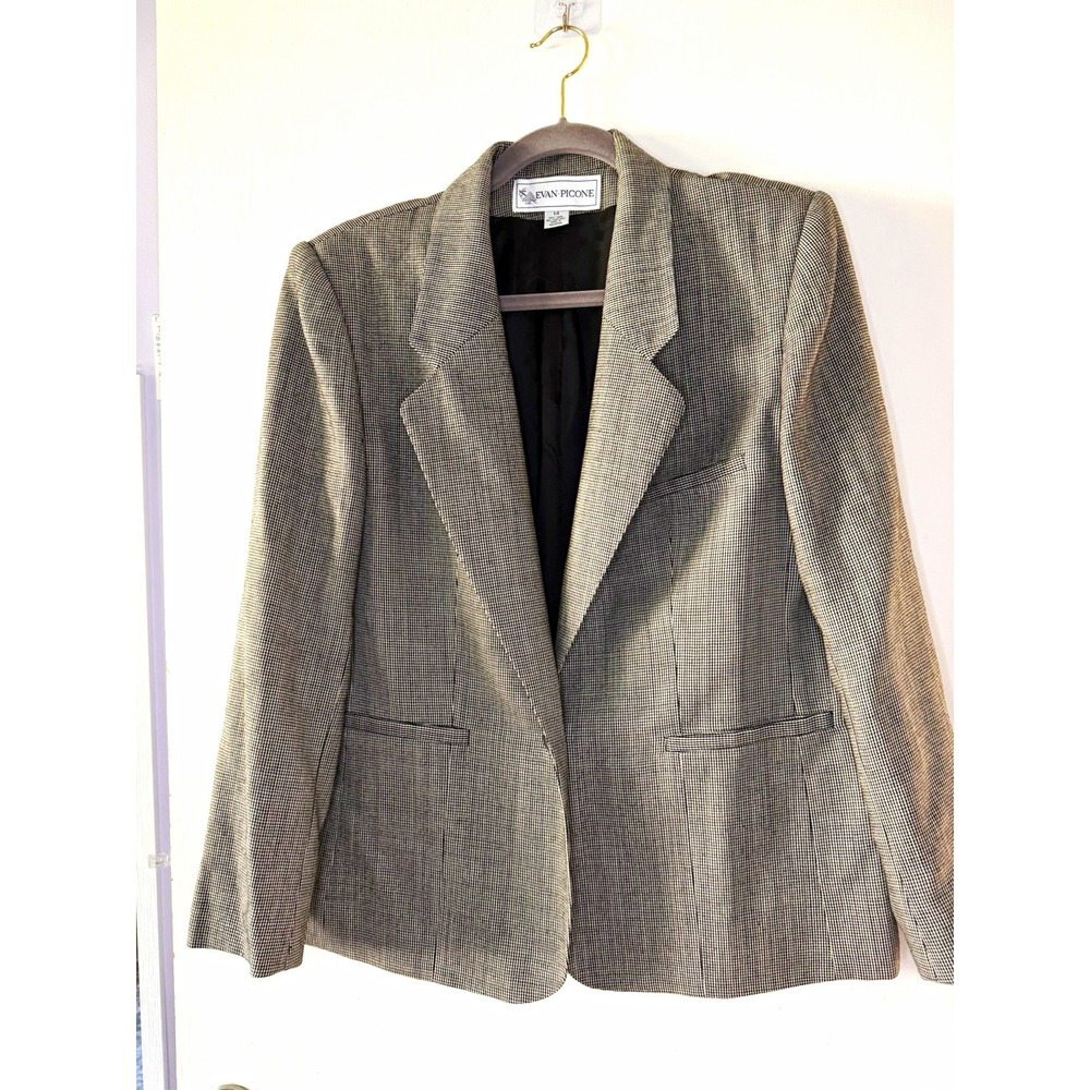 Vintage Evan Picone Wool Blazer Womens 14 Houndstooth Shoulder Pads 90s